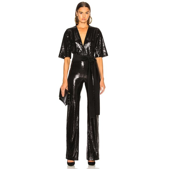 Galvan Pants - NEW Galvan Galaxy Sequin V-Neck Jumpsuit Black 6